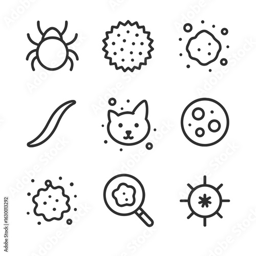 Microscopic Dust Icons. Outline icon set of dust particles microscopic view: dust mite, pollen grain, dirt particle, fiber, pet