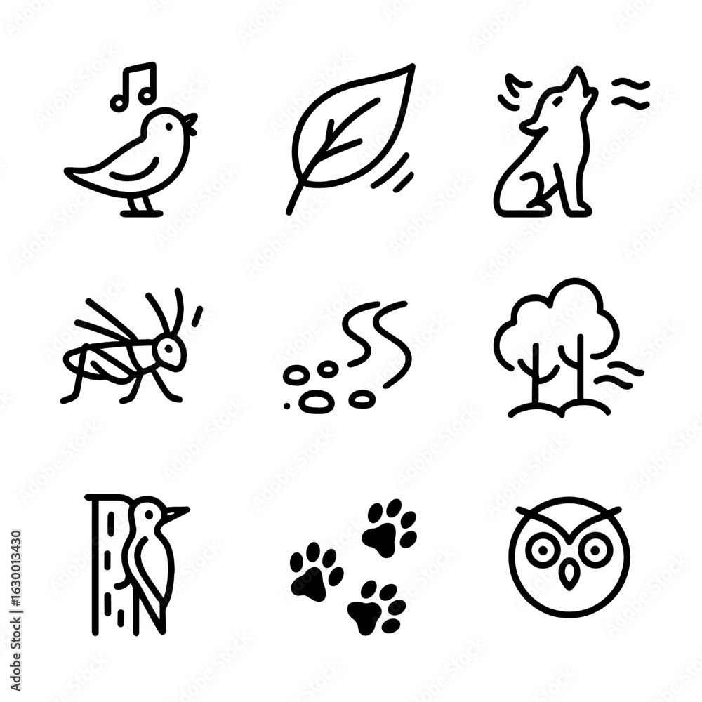 Fototapeta premium Forest Sound Icons. Outline icon set of forest sounds: singing bird, rustling leaf, howling wolf, chirping cricket, babbling