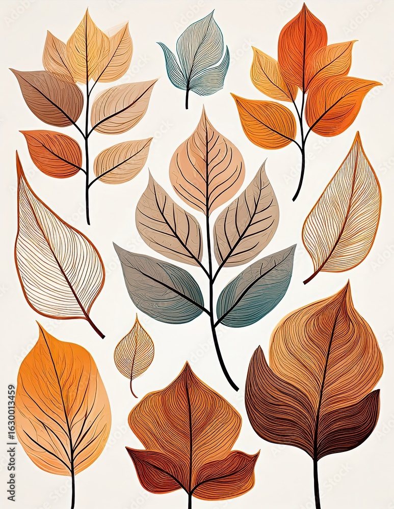 Obraz premium A seamless botanical pattern with stylized autumn leaves on a white background. Generated image