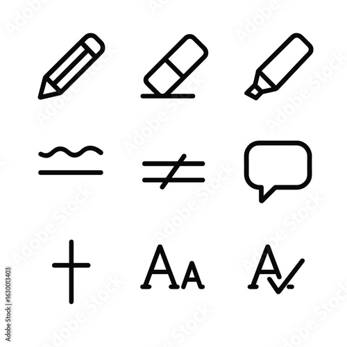 Writing Tools Icons. Outline icon set of writing and editing marks: pencil, eraser, highlighter, underline, strikethrough, comment