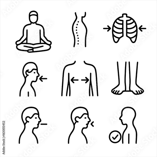 Body Awareness Icons. Outline icon set of body and breath awareness: seated body, spine alignment, ribcage breath, chest expansion