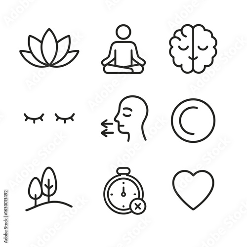 Wallpaper Mural Mindfulness Icon Collection. Outline icon set of meditation and mindfulness: lotus flower, meditation pose, calm brain, closed Torontodigital.ca