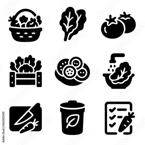 Cooking Icons Set. Solid, filled icons set of cooking with fresh produce: farmer’s basket, leafy greens, ripe