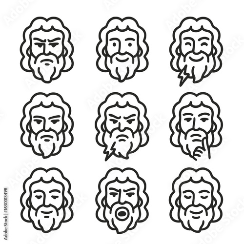 Zeus Facial Expressions. Outline icon set of Zeus facial expressions: fierce glare, calm wisdom, roaring thunder, regal smile,