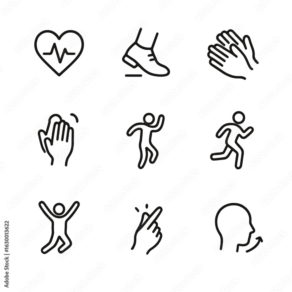 Fototapeta premium Body Rhythm Icons. Outline icon set of body rhythm: heartbeat, foot tapping, clapping hands, breath, dancing silhouette, jogging,