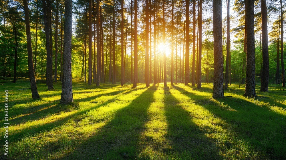 Fototapeta premium Sunlight streaming through forest trees. nature background