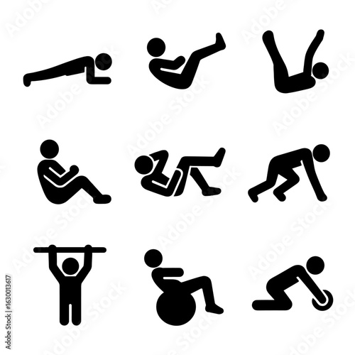 Core Exercise Icons. Solid, filled icons set of core strength training: plank pose, crunch position, leg raise