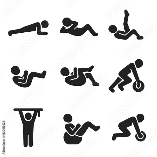 Core Exercise Icons. Solid, filled icons set of core strength training: plank pose, crunch position, leg raise