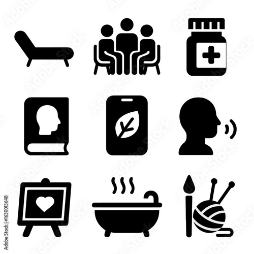 Coping Strategies Icons. Solid, filled icons set of coping strategies: therapist couch, support group,