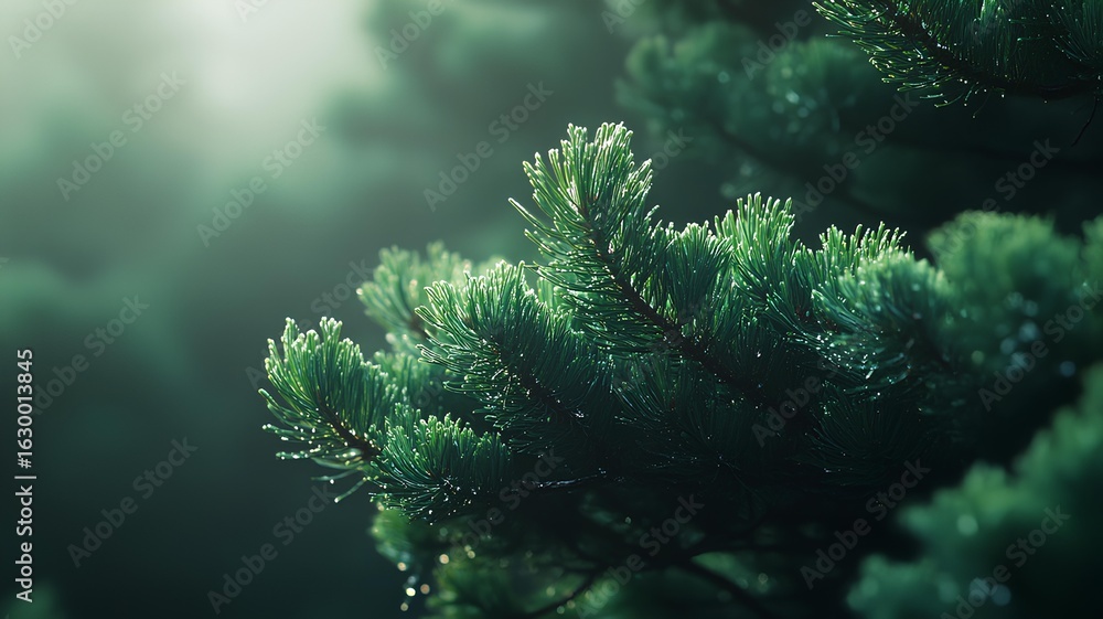 Fototapeta premium Green Pine Tree Branch with Dew in Sunlight