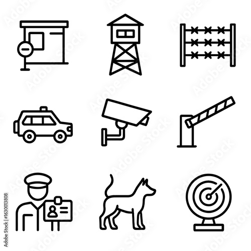 Border Security Icons. Outline icon set of border security: checkpoint, guard tower, border fence, patrol vehicle, security camera