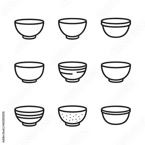 Bowl Icon Set. Outline icon set of bowl materials: ceramic bowl, glass bowl, stainless steel bowl, plastic bowl, wooden bowl,