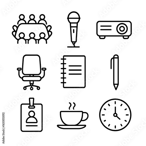 Corporate Meeting Icons. Outline icon set of corporate meetings: conference table, microphone, projector,