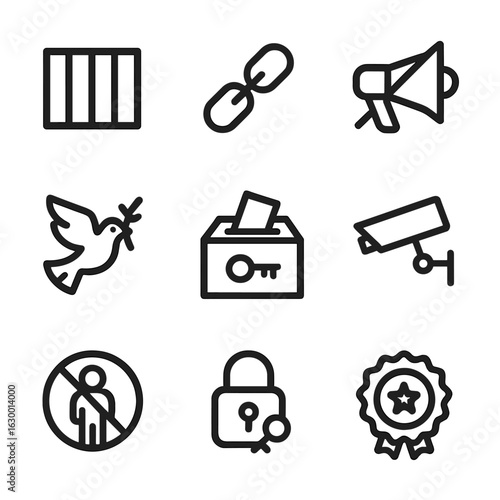Freedom vs Dictatorship Icons. Outline icon set of dictatorship vs freedom: barred window, chains, megaphone with slash,