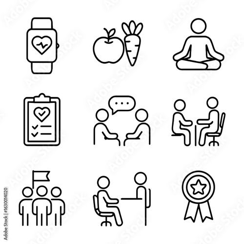 Corporate Wellness Icons. Outline icon set of Corporate wellness programs: fitness tracker, healthy food,