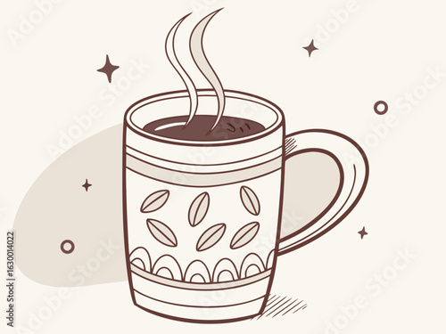 Vibrant coffee mug with colorful beans design, perfect for branding. A stylized illustration of a coffee mug filled with steaming coffee, featuring a vibrant pattern of coffee beans in various colors.