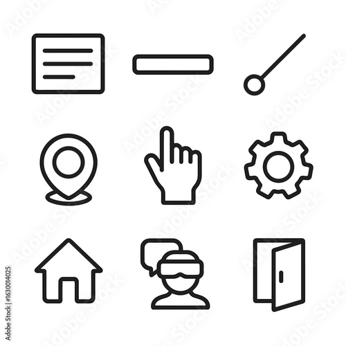 VR Interface Icons Set. Outline icon set of VR user interface elements: menu panel, progress bar, pointer ray, teleport marker,