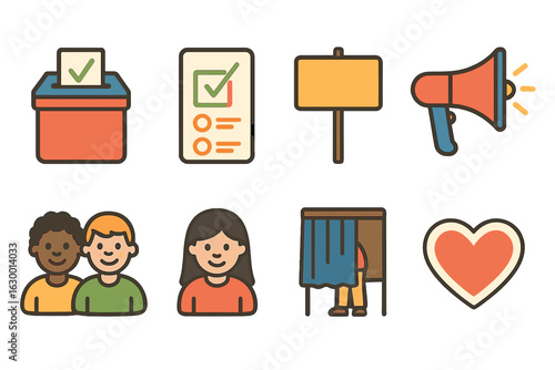 Voting Rights Icons. Flat vector mini-illustrations voting rights campaign in colors children's illustrations: ballot box, checked