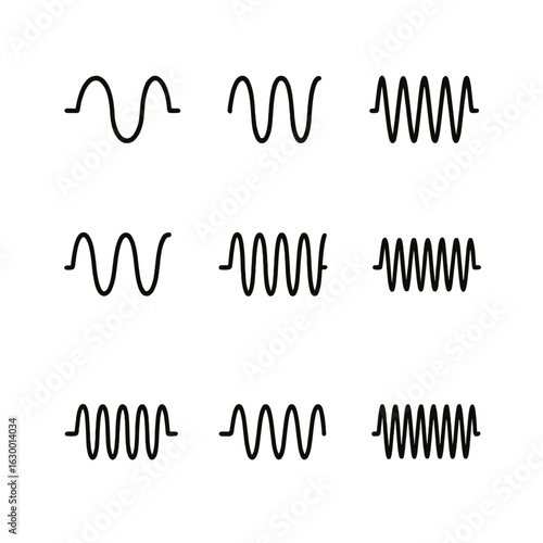 Frequency Bands Icons. Outline icon set of frequency bands: VLF, LF, MF, HF, VHF, UHF, SHF, EHF, THF. Line icons in only black