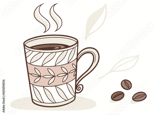 Vibrant coffee mug with colorful beans design, perfect for branding. A stylized illustration of a coffee mug filled with steaming coffee, featuring a vibrant pattern of coffee beans in various colors.