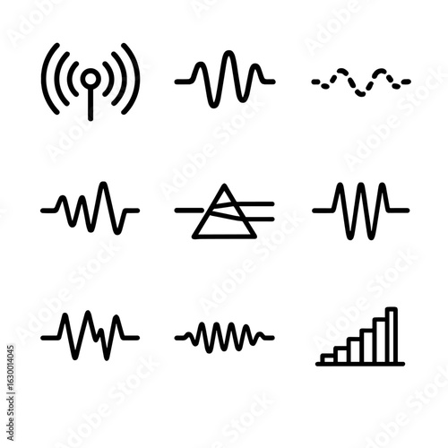 Frequency Icons Grid. Outline icon set of frequency types: radio frequency, audio frequency, microwave frequency, infrared