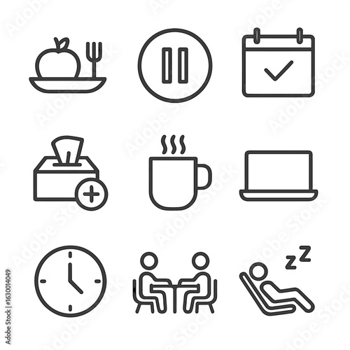 Break Time Icons. Outline icon set of break in work: lunch break, pause button, calendar holiday, sick leave, coffee break, closed