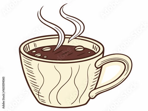 Vibrant coffee mug with colorful beans design, perfect for branding. A stylized illustration of a coffee mug filled with steaming coffee, featuring a vibrant pattern of coffee beans in various colors.