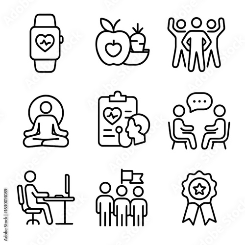 Corporate Wellness Icons. Outline icon set of Corporate wellness programs: fitness tracker, healthy food,