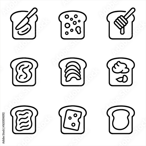 Bread Toppings Icons. Outline icon set of bread toppings: butter spread, jam, honey, cream cheese, avocado, garlic spread, nut