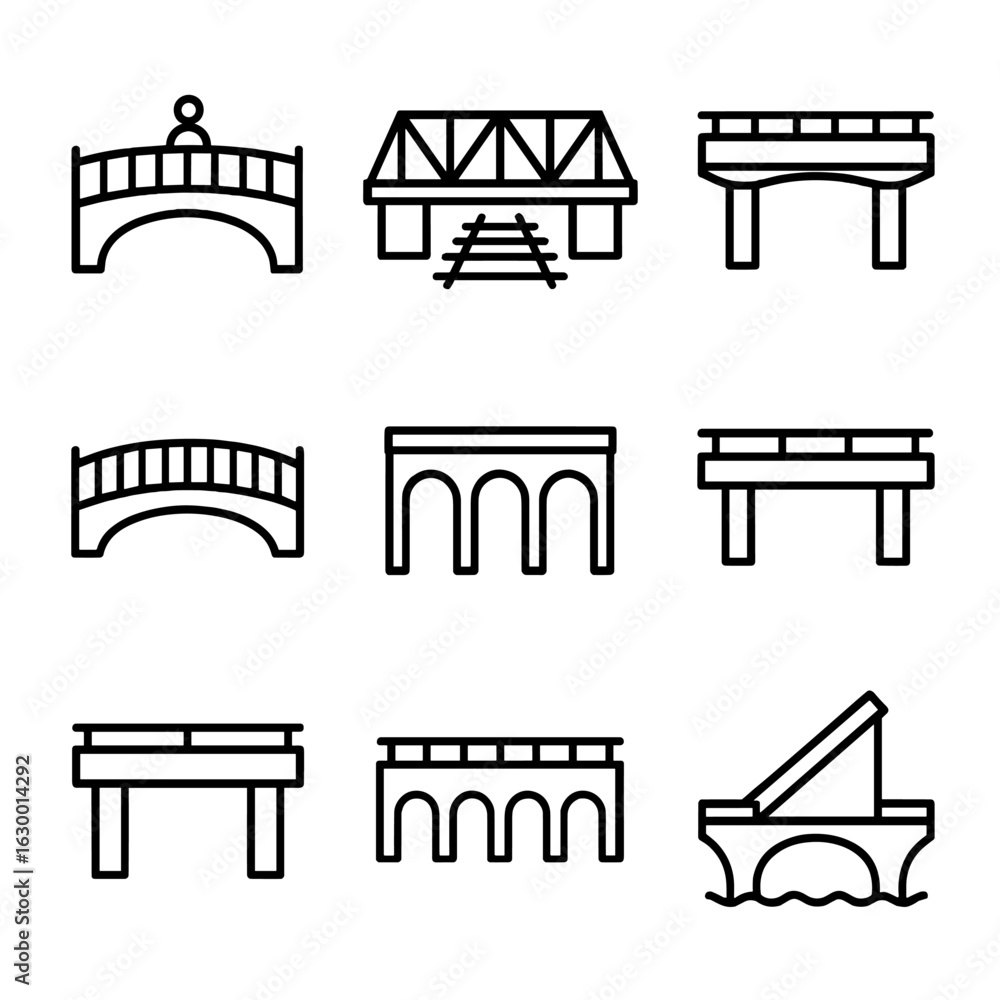 Naklejka premium Bridge Icons Set. Outline icon set of bridge functions: pedestrian bridge, railway bridge, highway bridge, footbridge, aqueduct,