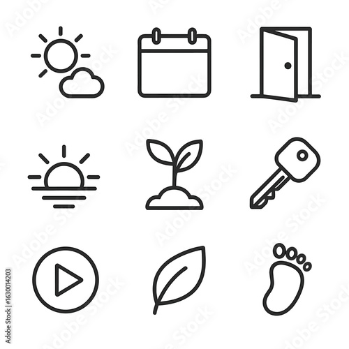 Fresh Start Icons. Outline icon set of fresh starts: clear sky, new calendar, open door, rising sun, seedling, ignition key, play