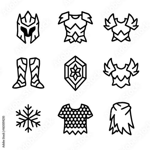 Frost Armor Icon Set. Outline icon set of frost armor: icy helmet, frozen chestplate, frost gauntlets, glacial greaves, crystal