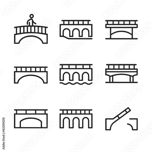 Bridge Icons Set. Outline icon set of bridge functions: pedestrian bridge, railway bridge, highway bridge, footbridge, aqueduct,