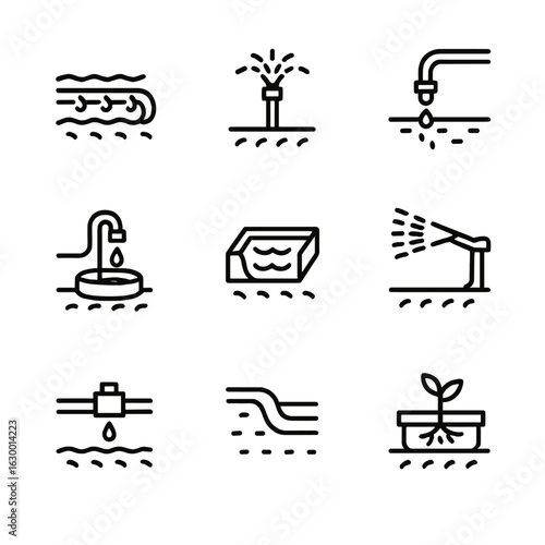 Water-Saving Irrigation Icons. Outline icon set of water-saving irrigation methods: soaker hose, micro-sprinkler, subsurface drip,