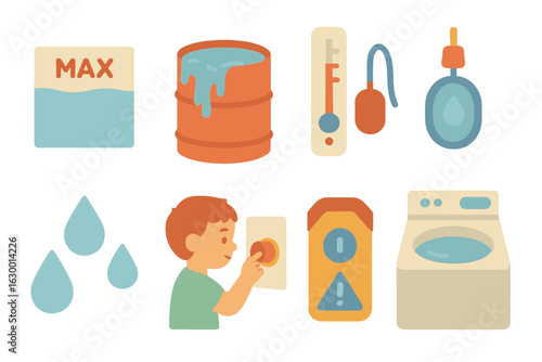 Water Safety Illustrations. Flat vector mini-illustrations overfilling and water level control in colors children's illustrations: