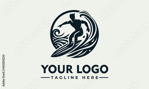 Silhouette of a surfer riding a wave inside a circle, stylized logo design.