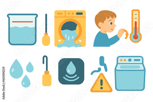 Water Safety Illustrations. Flat vector mini-illustrations overfilling and water level control in colors children's illustrations: