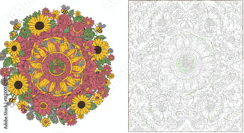 Intricate floral mandala coloring page; sunflowers, bees, and dahlias.