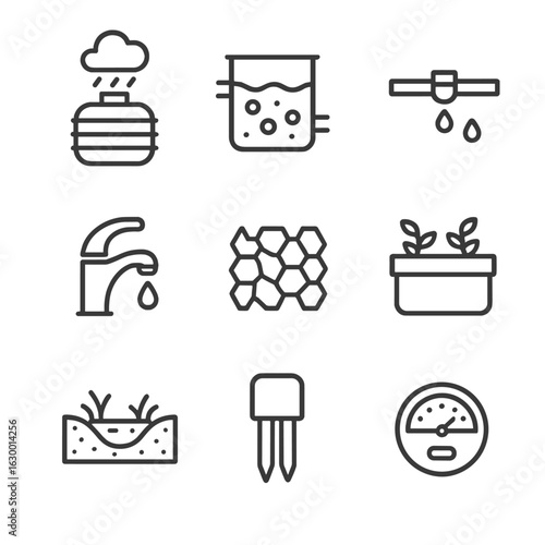 Water Conservation Icons. Outline icon set of water conservation systems: rainwater harvesting tank, greywater filter, drip
