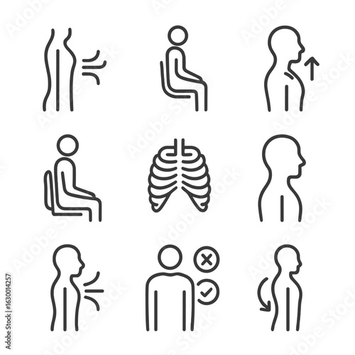 Breathing Posture Icons. Outline icon set of breath and posture: straight spine with breath lines, upright seated person, chest