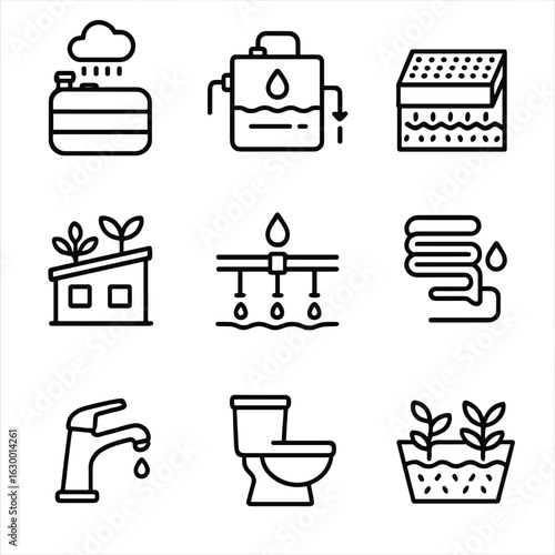 Water Conservation Icons. Outline icon set of water conservation technologies: rainwater harvesting tank, greywater recycling unit