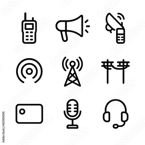 Broadcast Communication Icons. Outline icon set of broadcast communication: walkie-talkie, megaphone, satellite phone, radio waves