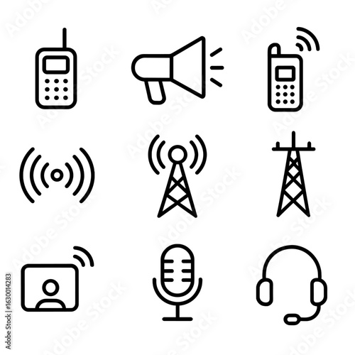 Broadcast Communication Icons. Outline icon set of broadcast communication: walkie-talkie, megaphone, satellite phone, radio waves