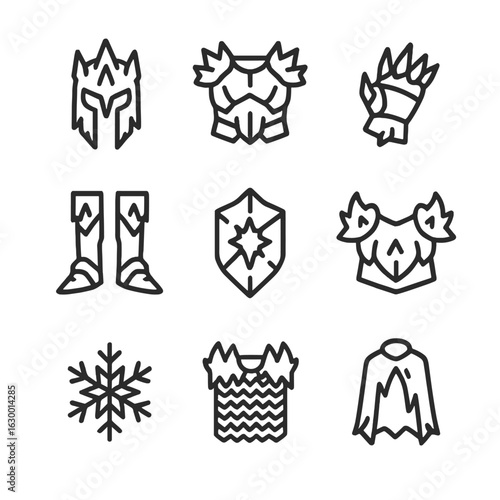 Frost Armor Icon Set. Outline icon set of frost armor: icy helmet, frozen chestplate, frost gauntlets, glacial greaves, crystal