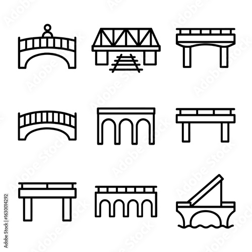 Bridge Icons Set. Outline icon set of bridge functions: pedestrian bridge, railway bridge, highway bridge, footbridge, aqueduct,