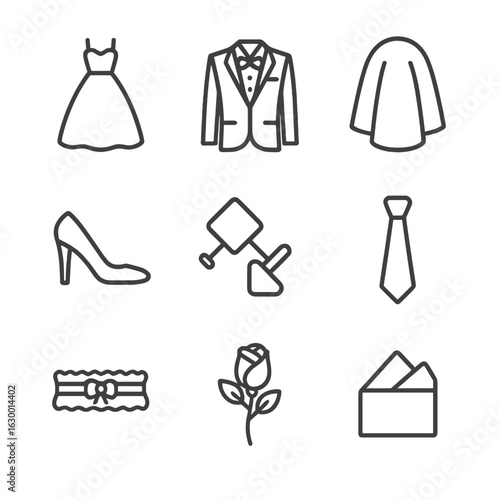 Wedding Attire Icons. Outline icon set of bridal and groom attire details: wedding dress silhouette, tuxedo jacket, veil drape,
