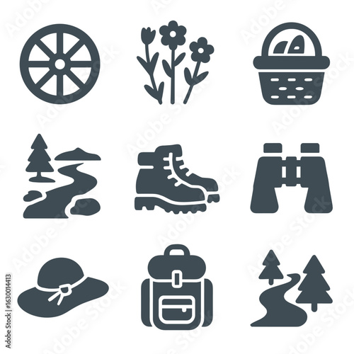 Countryside Adventure Icons. Solid, filled icons set of countryside adventure: wagon wheel, wildflowers,
