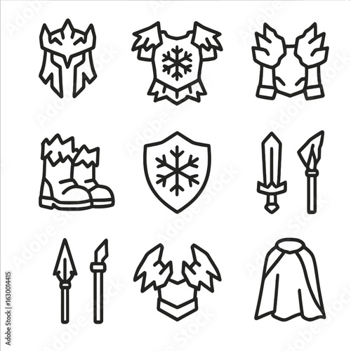 Frozen Warrior Gear Icons. Outline icon set of frozen warrior gear: frozen helmet, ice breastplate, frost gauntlets, snowy boots,