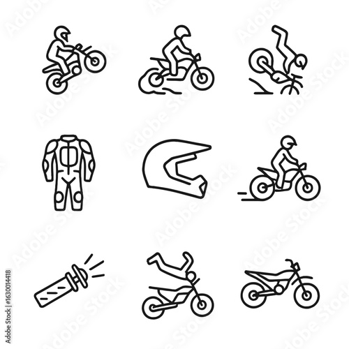 Motorcycle and Duplication Icons. Outline icon set of motorcycle stunts: wheelie, burnout trail, front flip, dirt ramp, safety
