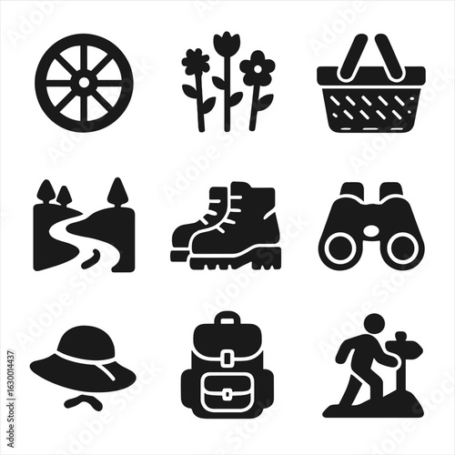 Countryside Adventure Icons. Solid, filled icons set of countryside adventure: wagon wheel, wildflowers,